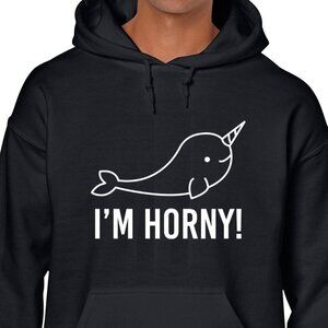 New Narwhal I'm Horny Black Hoodie Fleece Sweatshirt